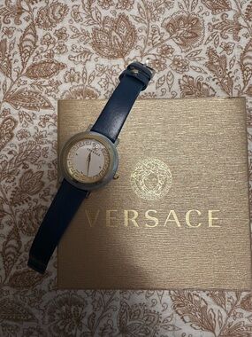 Versace Navy and Gold Medusa Motif Leather Strap Watch